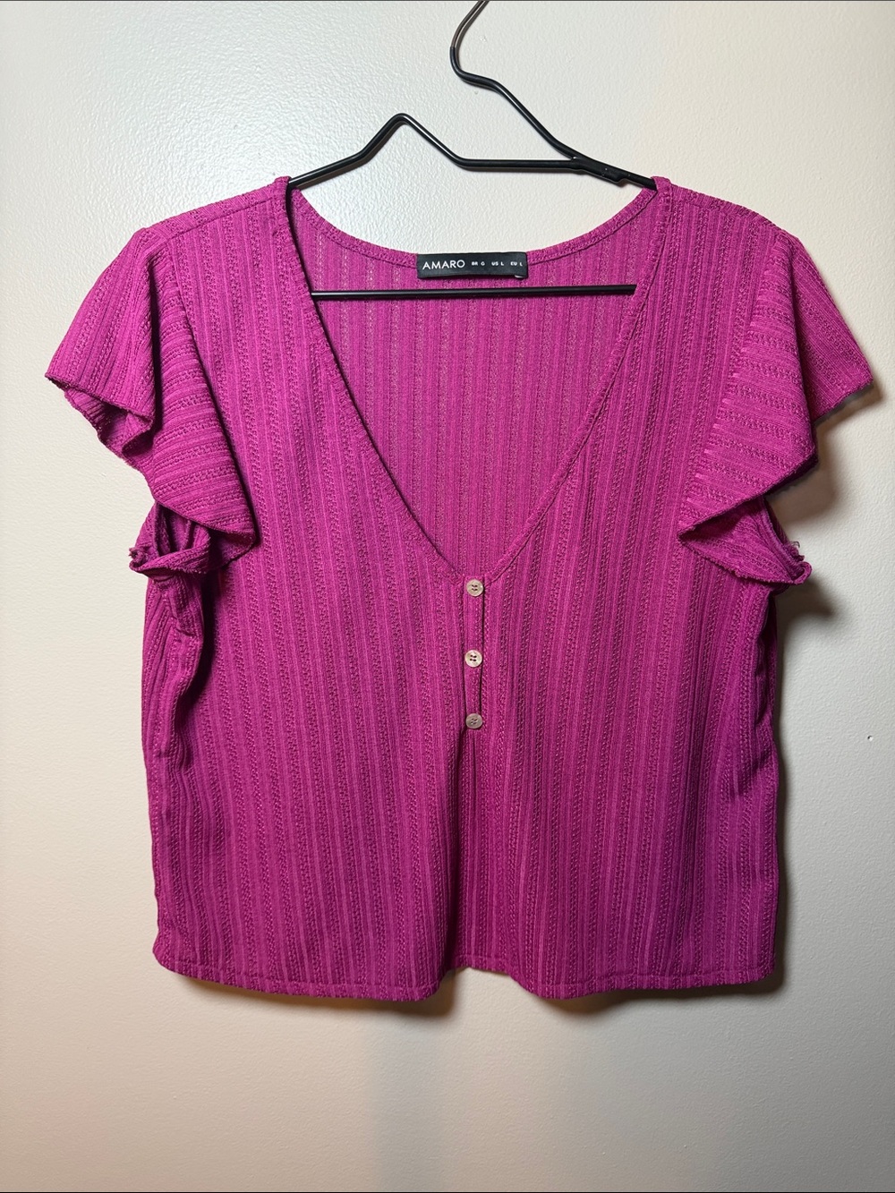 Amaro Magenta Button-Front V Neck Knit Pointelle Top Large